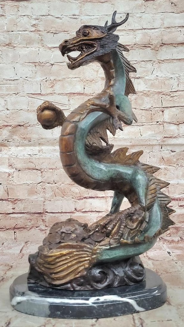 Asian Bronze Dragon on Marble Base, Verdigris Patina – 19" x 9": Asian Bronze Dragon on Marble Base, Verdigris Patina – 19" x 9" A finely cast bronze sculpture of a coiled Asian dragon, finished in a natural verdigris patina and mounted on a round black