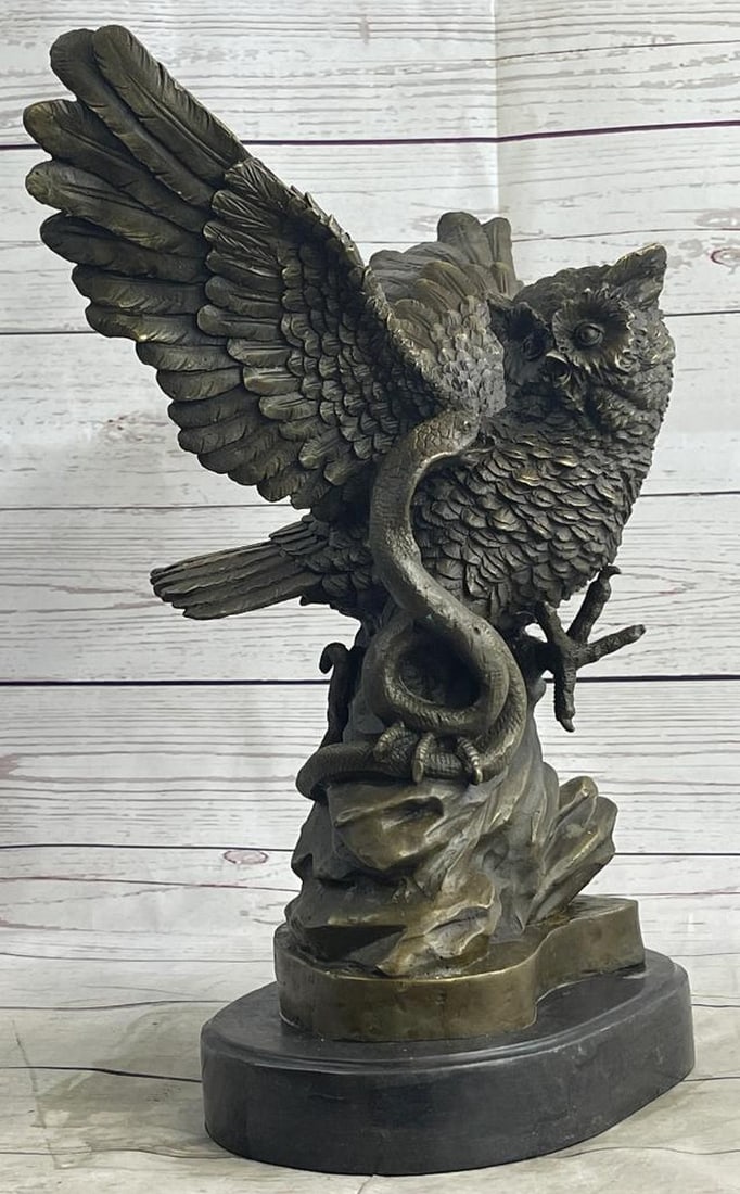 Owl and Snake Bronze Statue Sculpture on Marble Base - 15" x 12" (1 of 7)