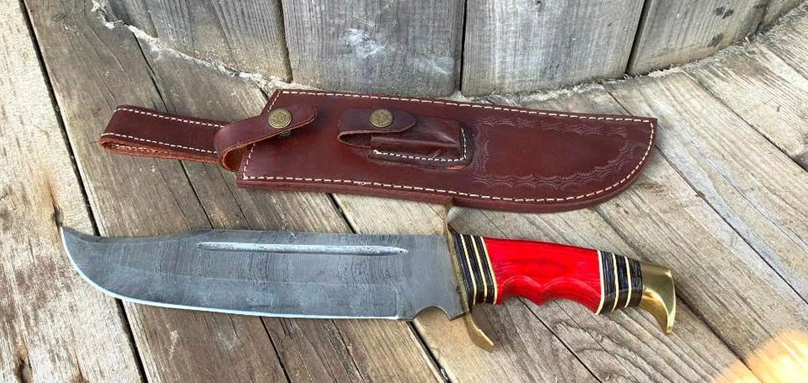 Crimson Goldstrike Damascus Knife With Grooved Handle (1 of 6)