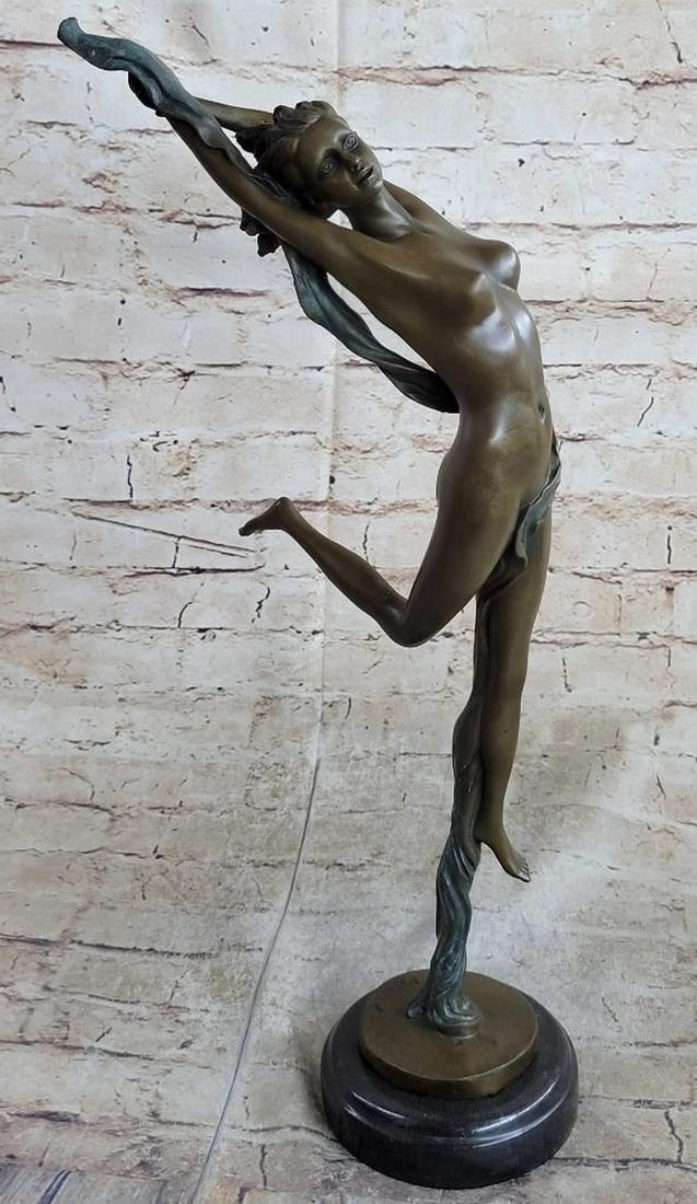 Original Aldo Vitaleh Nude Girl Leaping In Air Bronze Statue On Marble Base - 9lbs: The nude aerialist is seen leaping into the air as a fabric banner, coated in a vibrant green patina, twines itself around her sculpted body.This work of art rejoices the female figure and shows atten