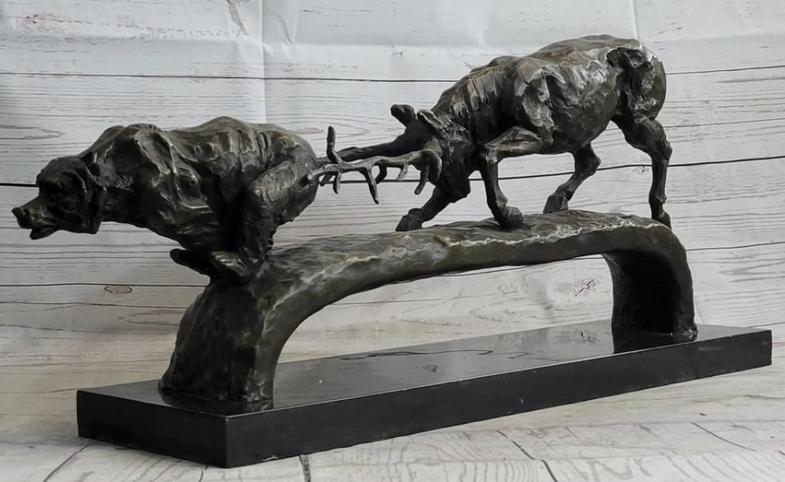 Elk Attacking Bear Bronze Sculpture On Marble Base - 10" x 25" (1 of 5)