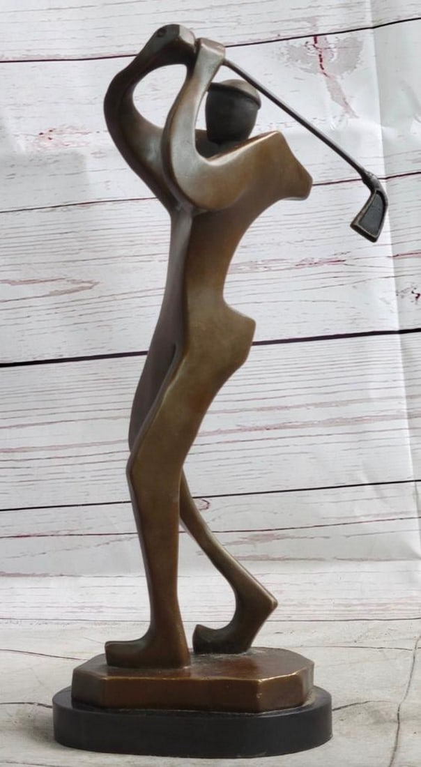 Original Milo Golfer Golfing Modern Bronze Sculpture: Original Milo Golfer Golfing Modern Bronze Sculpture This abstract golf sculpture is an unique interpretation of the sport. The bulky athlete has his club swung back in the air. The motion just after