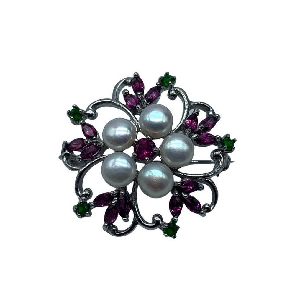 Rhodolite and Pearl 925 Sterling Silver Brooch (1 of 5)
