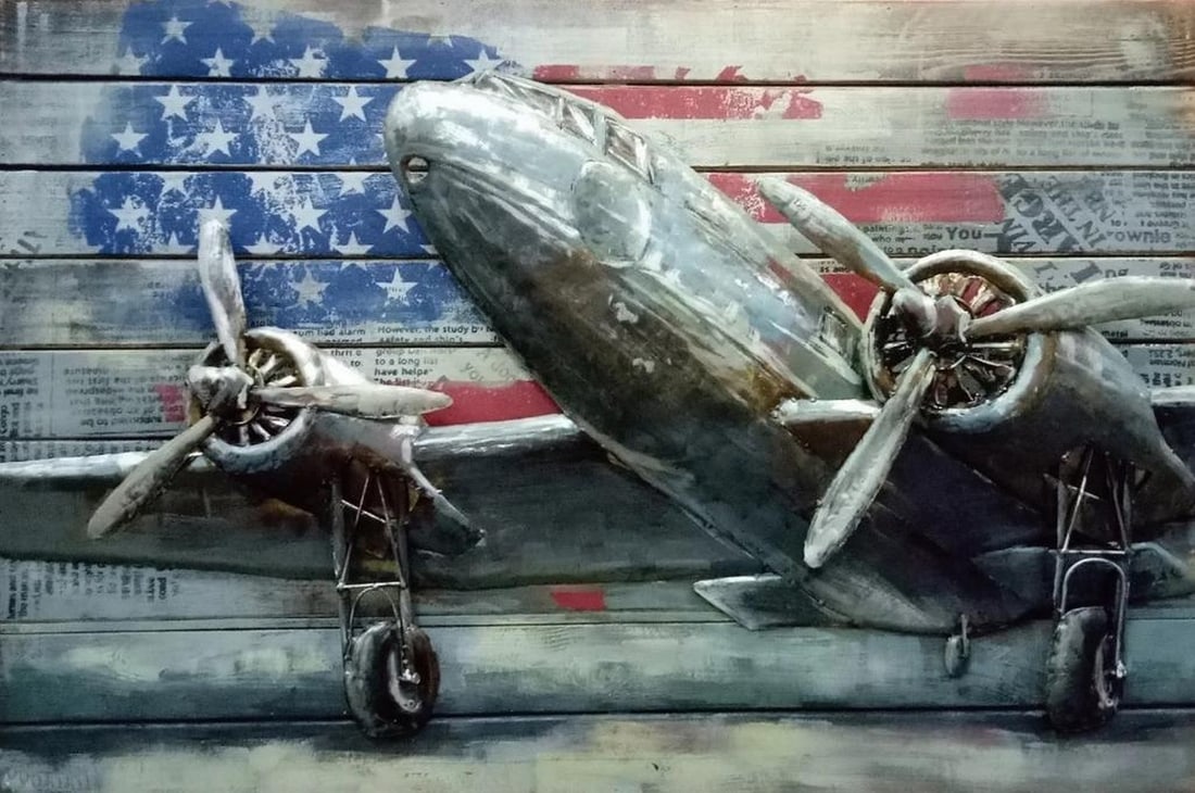Patriotic American Flag Behind Airplane Metal Canvas Painting (1 of 1)
