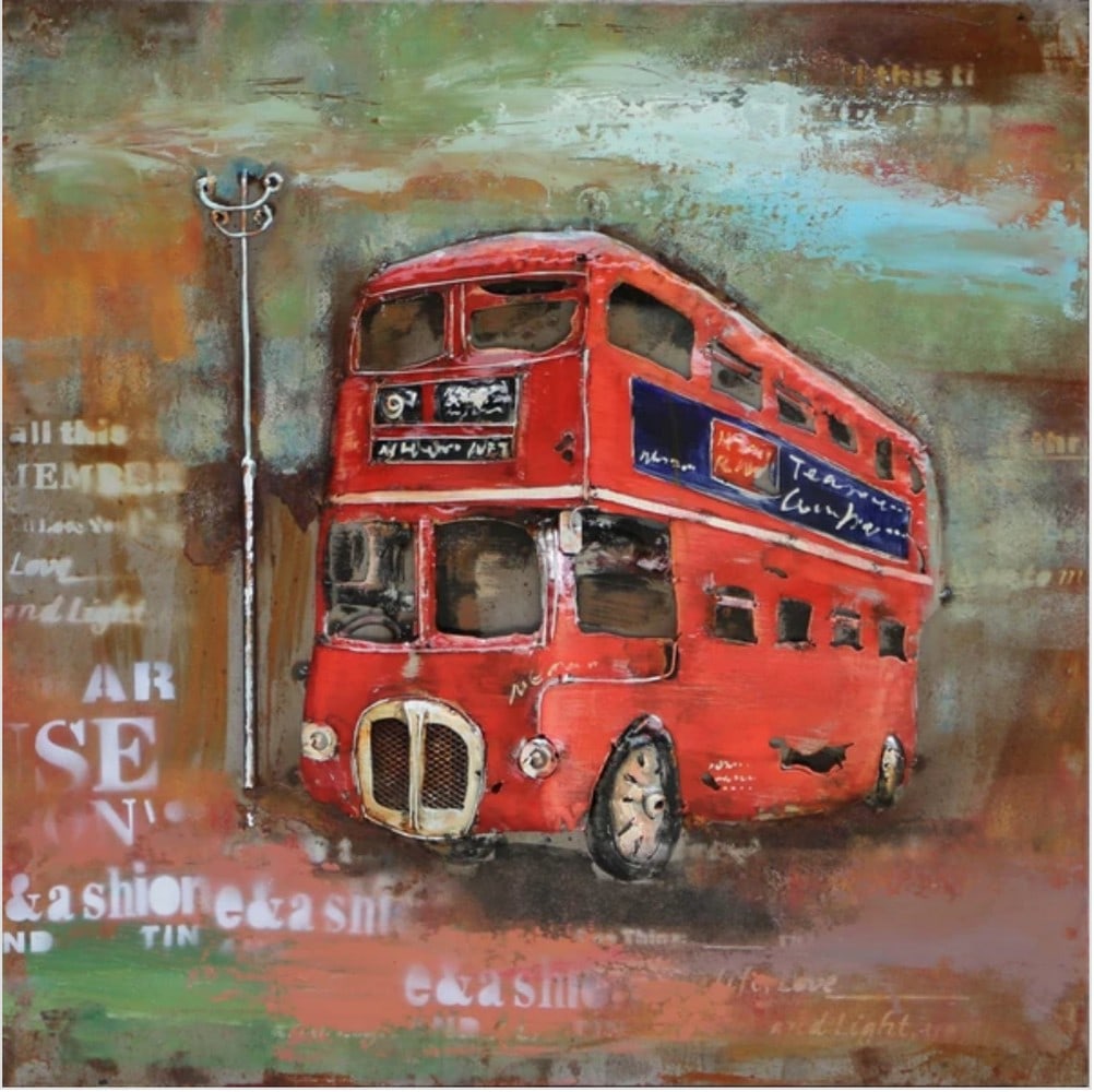 Red Double Decker Tour Bus 3D Painting on Metal Canvas (1 of 1)