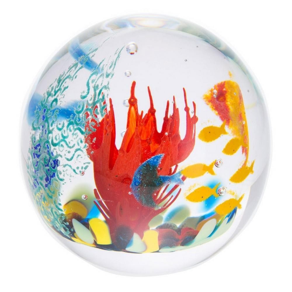 Coral Reef Elegance Paperweight: Coral Reef Elegance Paperweight A handcrafted glass paperweight showcasing vibrant tropical fish swimming among vivid coral reefs. Meticulously created, it captures the beauty and tranquility of an un