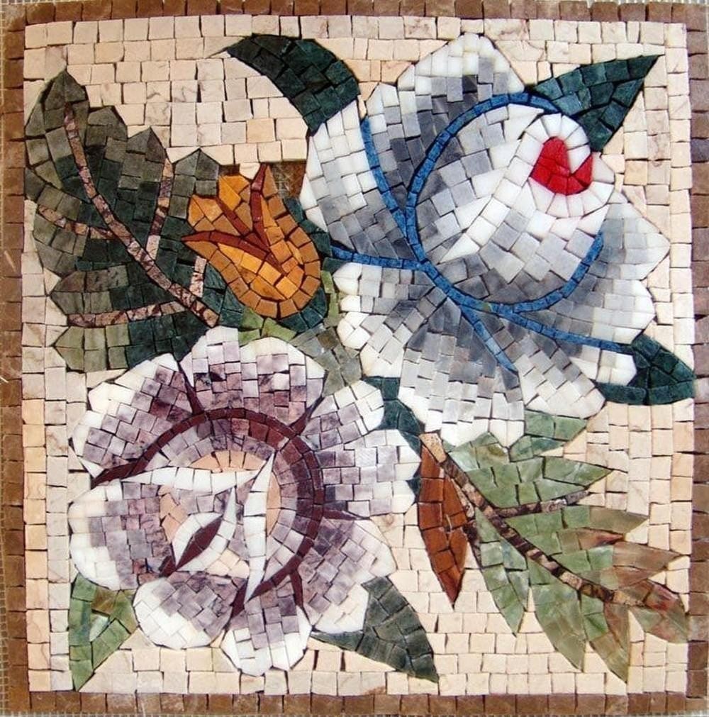 Mosaic Wall Art - Floral Stone: Mosaic Wall Art - Floral Stone A handcrafted mosaic featuring a vibrant floral design made from natural stone tiles. Each piece is carefully assembled to highlight the textures and colors of the flowe