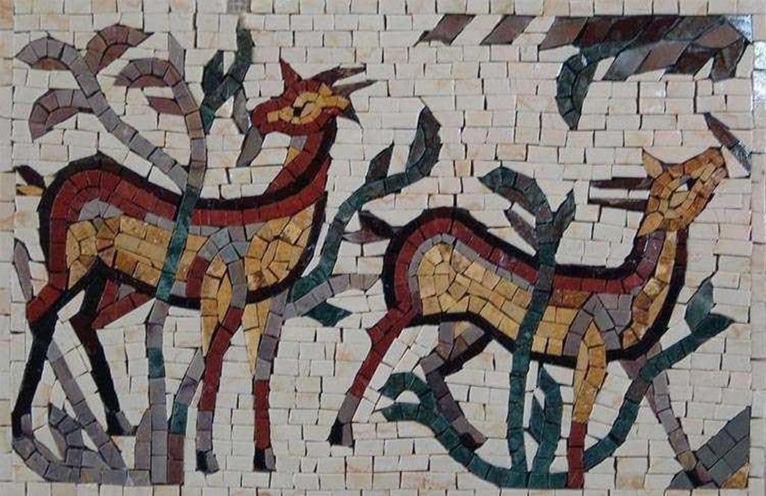 Marble Mosaic – Baby Deer: Marble Mosaic – Baby Deer A handcrafted marble mosaic depicting two baby deer in natural earth tones. Made from natural stones, this piece emphasizes texture and detail, capturing the innocence and