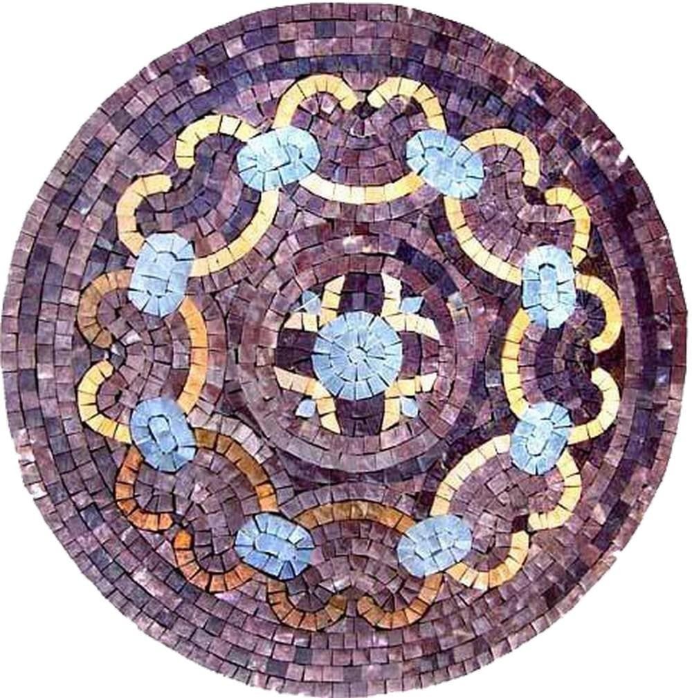 Violet Mosaic Tile Medallion: Violet Mosaic Tile Medallion A handcrafted mosaic artwork made from natural stone. The design features a purple medallion with blue and gold heart-shaped links, created with carefully cut and arranged