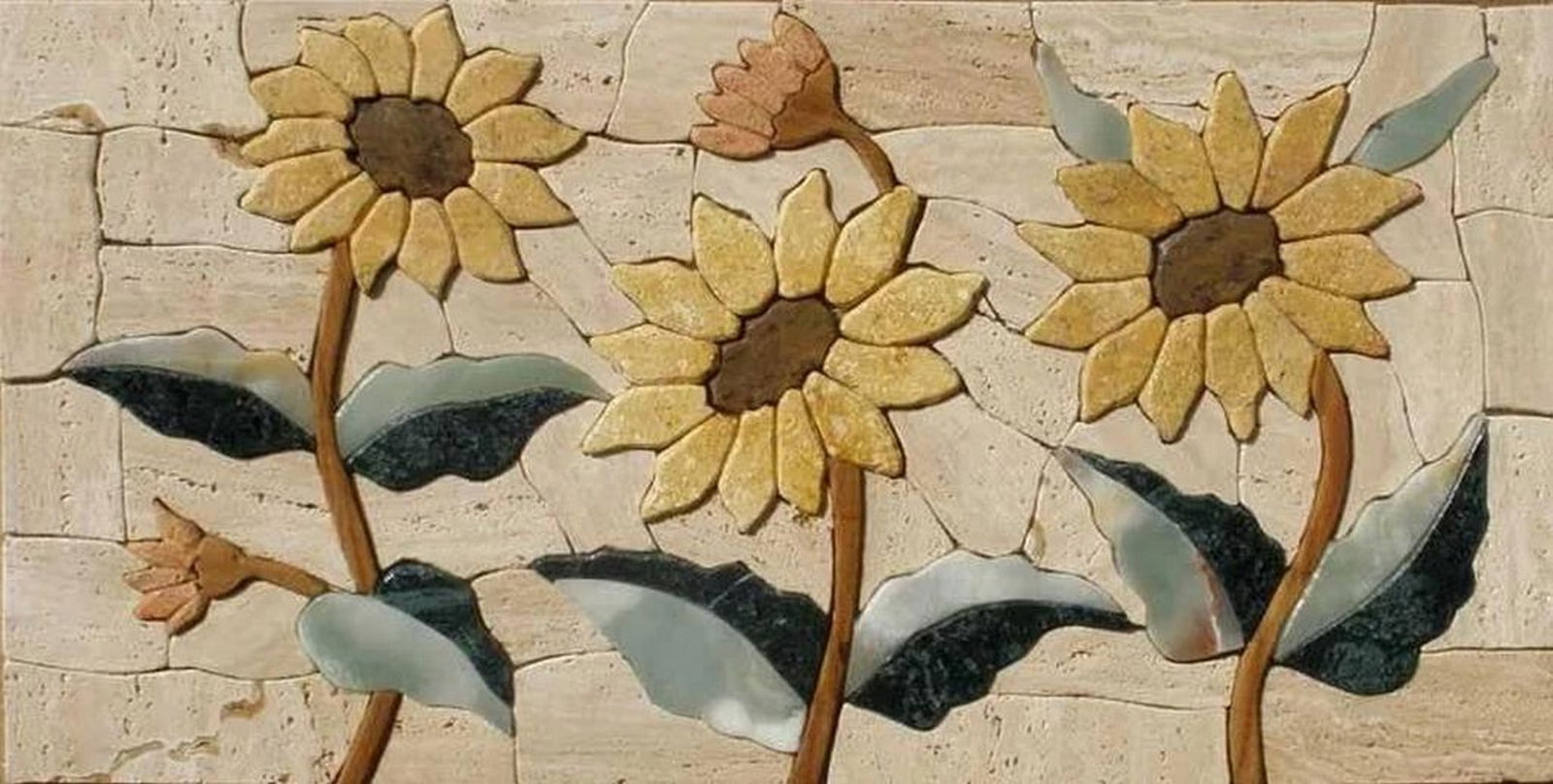 Sunflowers Mosaic Art: Sunflowers Mosaic Art A handcrafted mosaic made from natural stone, featuring a vibrant sunflower design. The piece showcases carefully arranged tiles that create a textured and visually engaging