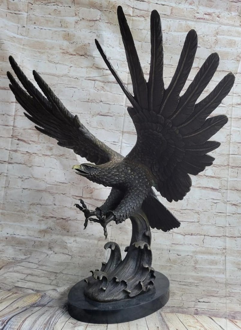Original Bronze Eagle Sculpture by Milo - 26" x 31": Original Bronze Eagle Sculpture by Milo - 26" x 31" Experience the commanding presence of the eagle with this stunning bronze sculpture, capturing the bird mid-flight with wings fully extended
