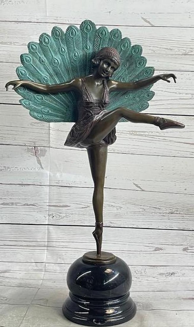 Magical Peacock Dancer Girl Designed Art Deco Bronze Sculpture by Pelliers on Marble Base: Magical Peacock Dancer Girl Designed Art Deco Bronze Sculpture by Pelliers on Marble Base In this captivating bronze sculpture, the essence of Art Deco elegance comes to life through the graceful fig