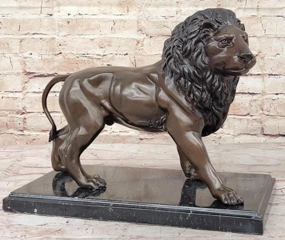 J. Moigniez Inpired Bronze Guardian Lion Statue Sculpture on Marble Base - 11" x 14" (1 of 9)