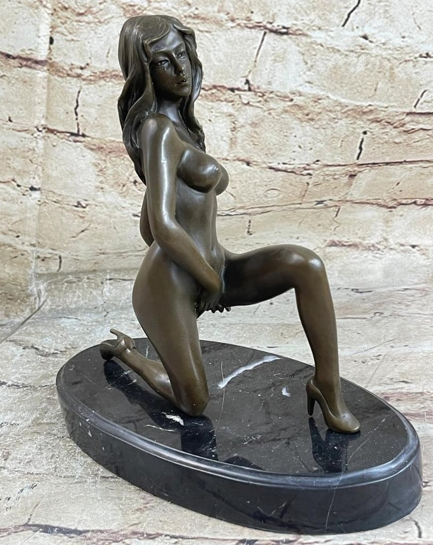Nude Female in High Heels Original Bronze Statue - 9" x 9": Nude Female in High Heels Original Bronze Statue - 9" x 9" The nude seductress kneels on one knee, captured in a moment of desire. This bronze sculpture, highlighting feminine sensuality, fe