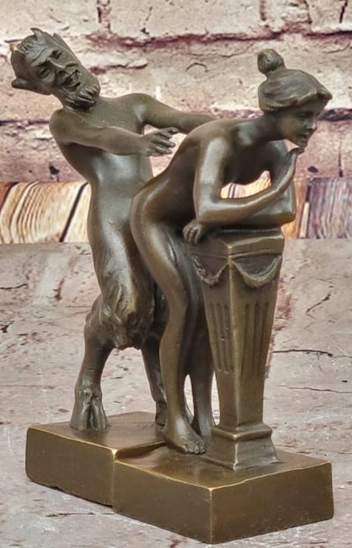 Mythic Seduction Bronze Bookend Sculpture Figures - 6" x 6": Mythic Seduction Bronze Bookend Sculpture Figures - 6" x 6" This is a reproduction inspired by and bearing the signature of renowned Austrian artist, Bergmann.These are a captivating pair of