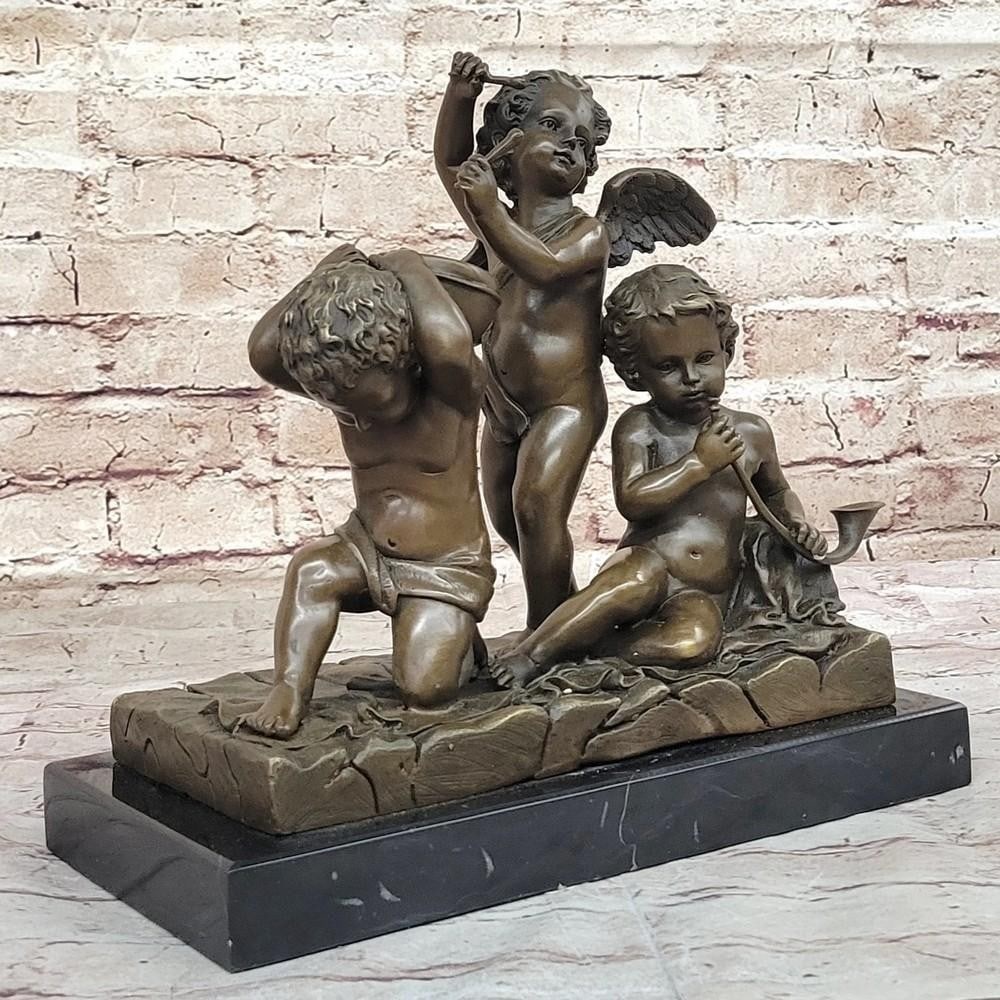 Triple Dancing Cherubs Original Bronze Sculpture Signed by Nick - 11" x 11": Triple Dancing Cherubs Original Bronze Sculpture Signed by Nick - 11" x 11" Indulge in the harmonious delights of "Triple Dancing Cherubs," a captivating bronze sculpture capturing che