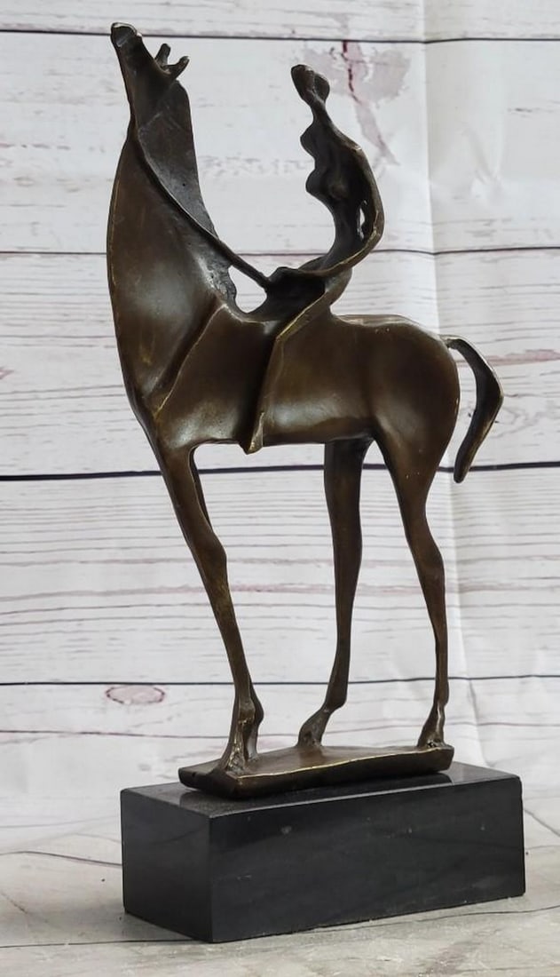 Abstract Female on Horseback Bronze Sculpture: Abstract Female on Horseback Bronze Sculpture The skinny woman rides on the back of a large horse. The artists dramatic emphasis on shape and volume creates a great attraction and tangibility to form