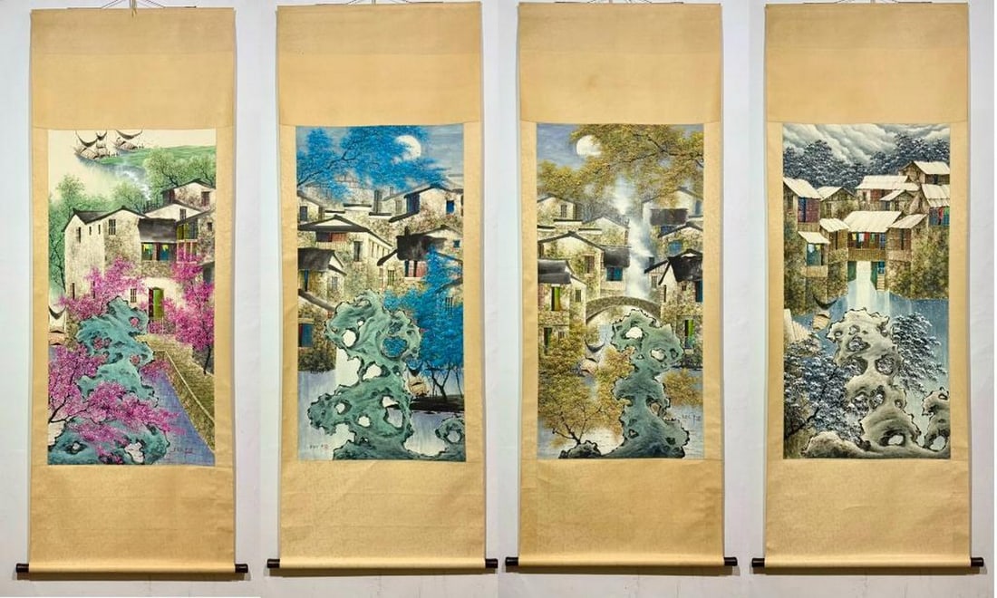 Seasonal Village Landscapes Inspired Scroll Set by Wu Guanzhong (1 of 16)