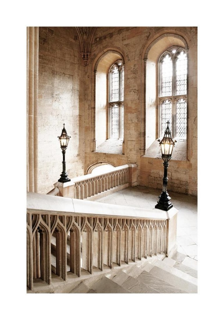 Grand Stairway Poster: Grand Stairway Poster A vintage print featuring a staircase leading up to the Great Hall. The romantic photograph adds a subtle touch of luxury and nostalgic charm to any space. The design includes a