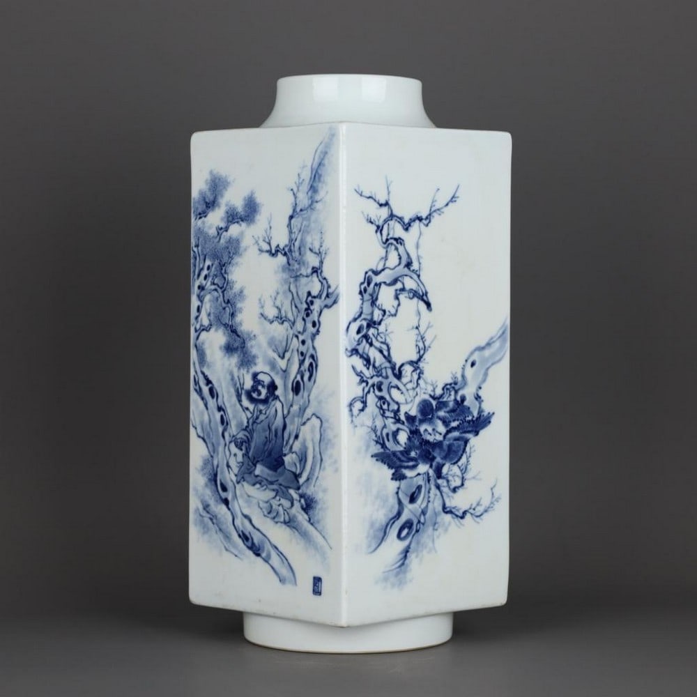 Republic of China Wang Bu Blue and White Figures, Flower, and Bird Pattern Cong-Style Bottle (1 of 9)