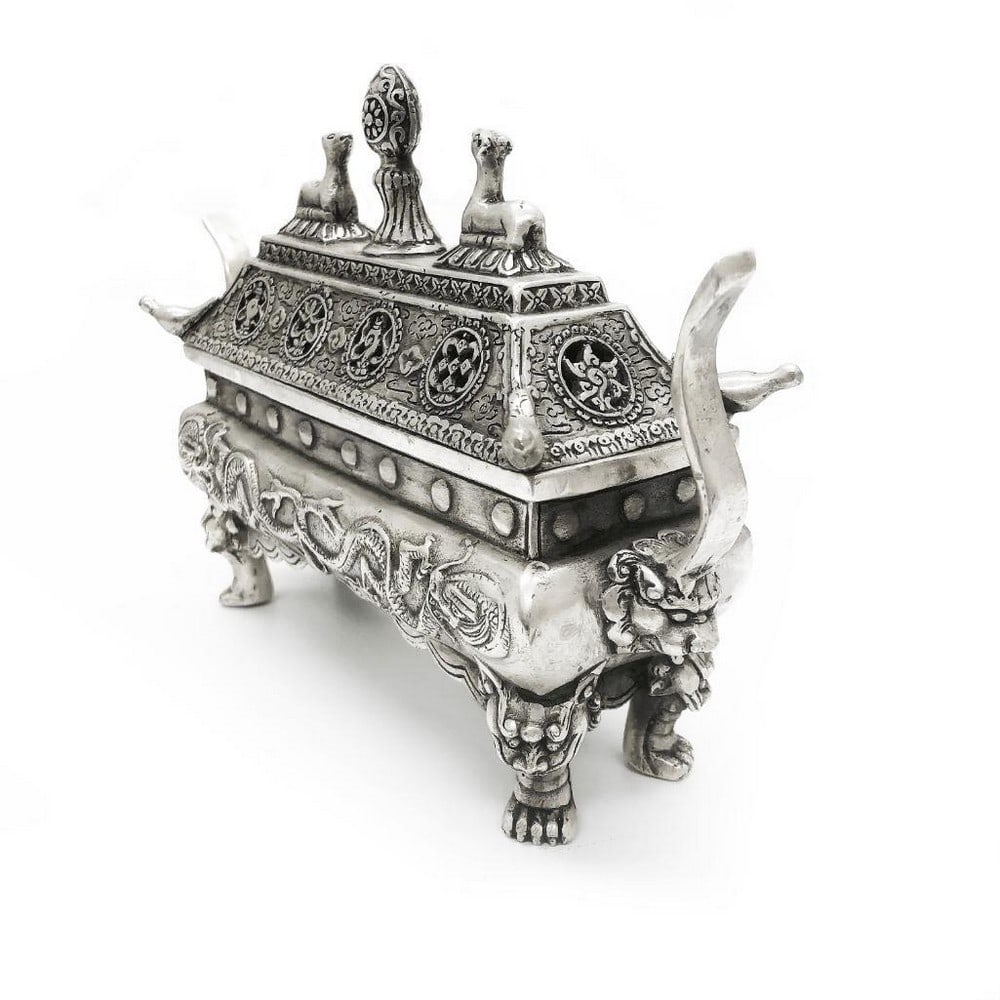 2 Piece Tibetan Silver Dragon & Foo Dog Incense Burner (1 of 4)