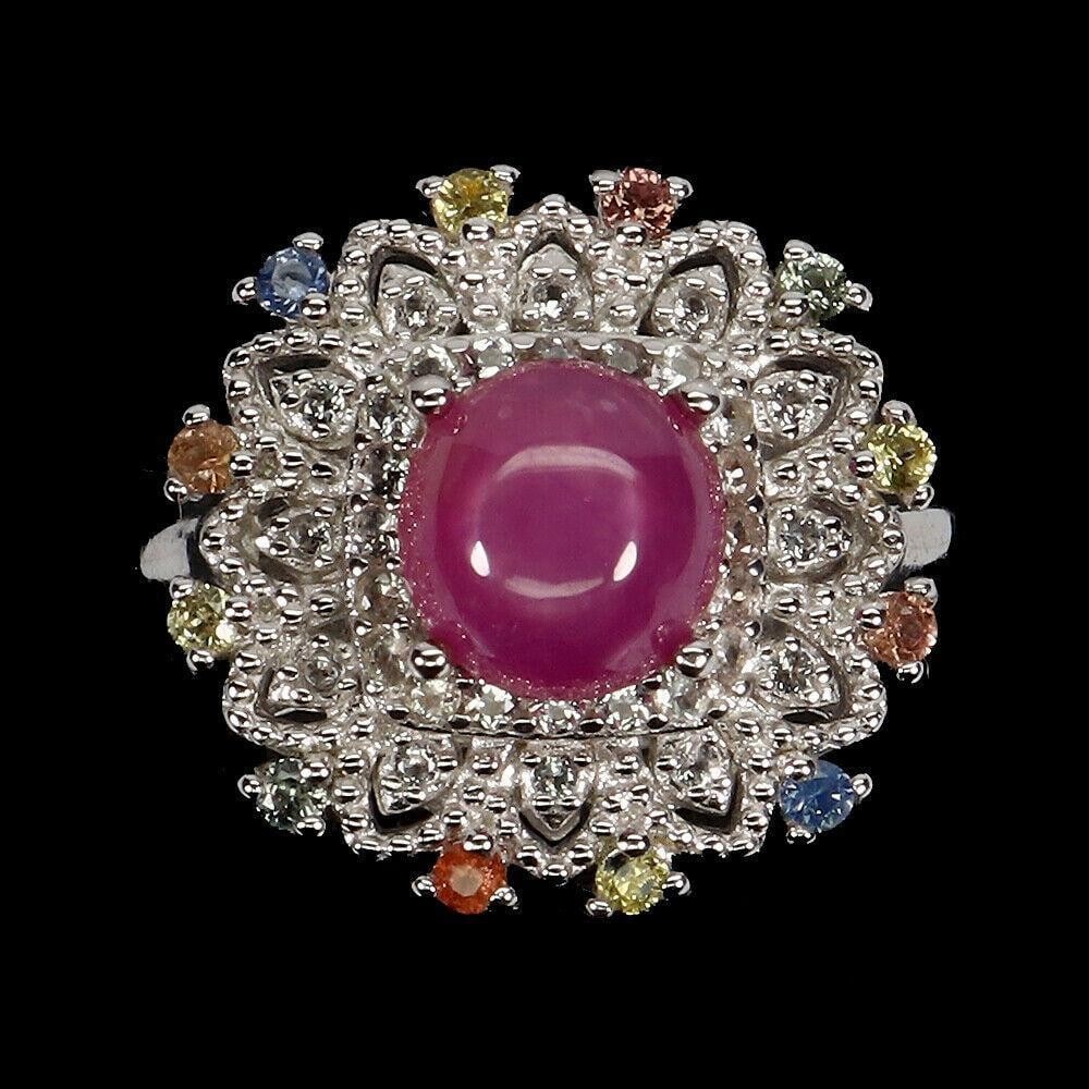 Heated Round Ruby Sapphire White Topaz Gemstone 925 Sterling Silver Ring: Heated Round Ruby Sapphire White Topaz Gemstone 925 Sterling Silver Ring Introducing our Heated Round Ruby Sapphire and White Topaz Gemstone Ring, a masterpiece of vivid color and refined