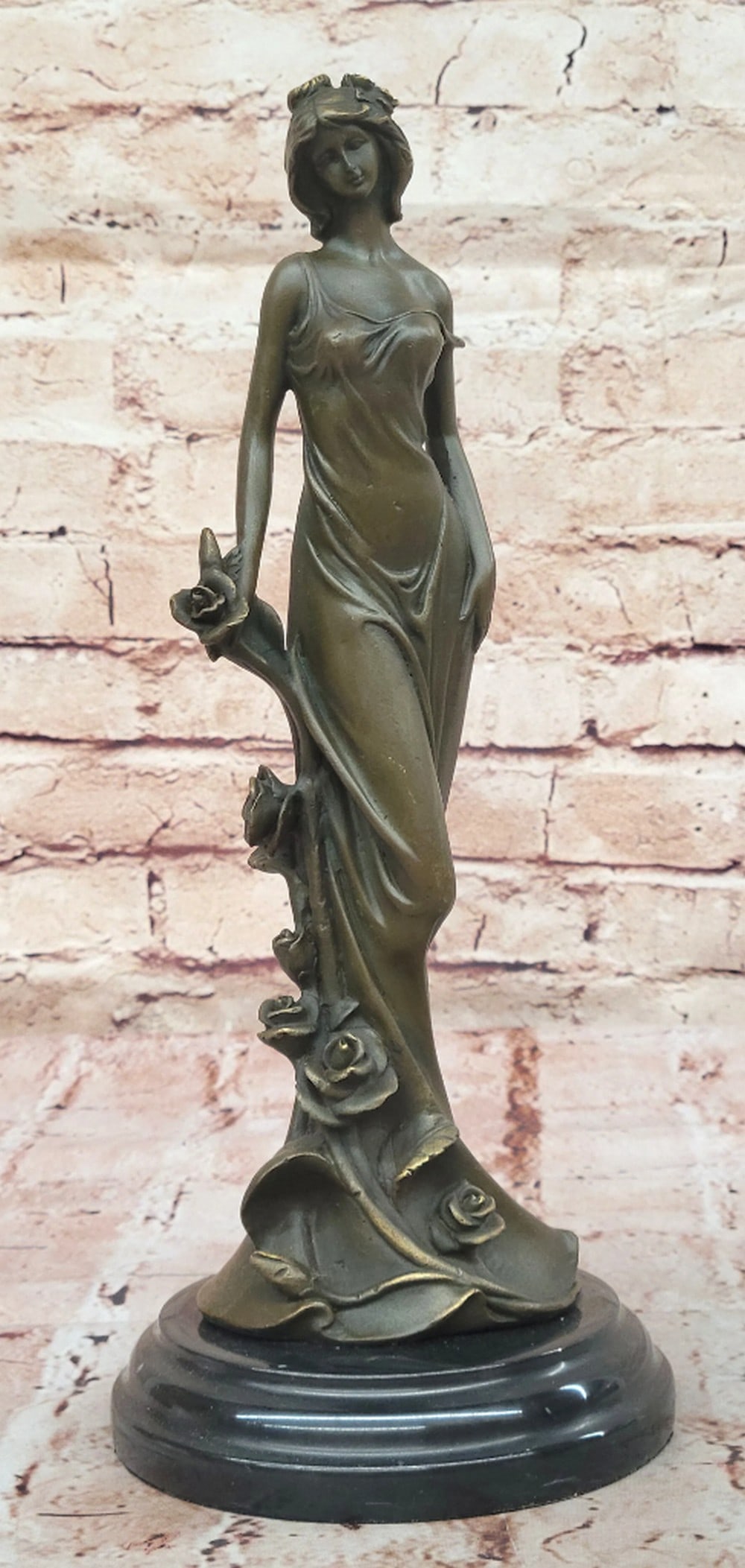 Elegant Lady with Roses Original Bronze Statue - 13" x 5": Elegant Lady with Roses Original Bronze Statue - 13" x 5" This exquisite bronze sculpture by Kassin captures a graceful woman in a lush flower garden, exuding serenity and elegance. Meticulou