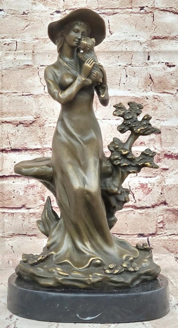 Victorian Woman with Dog Bronze Sculpture by Jean Patoue - 13" x 7": Victorian Woman with Dog Bronze Sculpture by Jean Patoue - 13" x 7" This beautifully detailed bronze sculpture by Jean Patoue depicts a Victorian woman in graceful repose, lovingly holding her