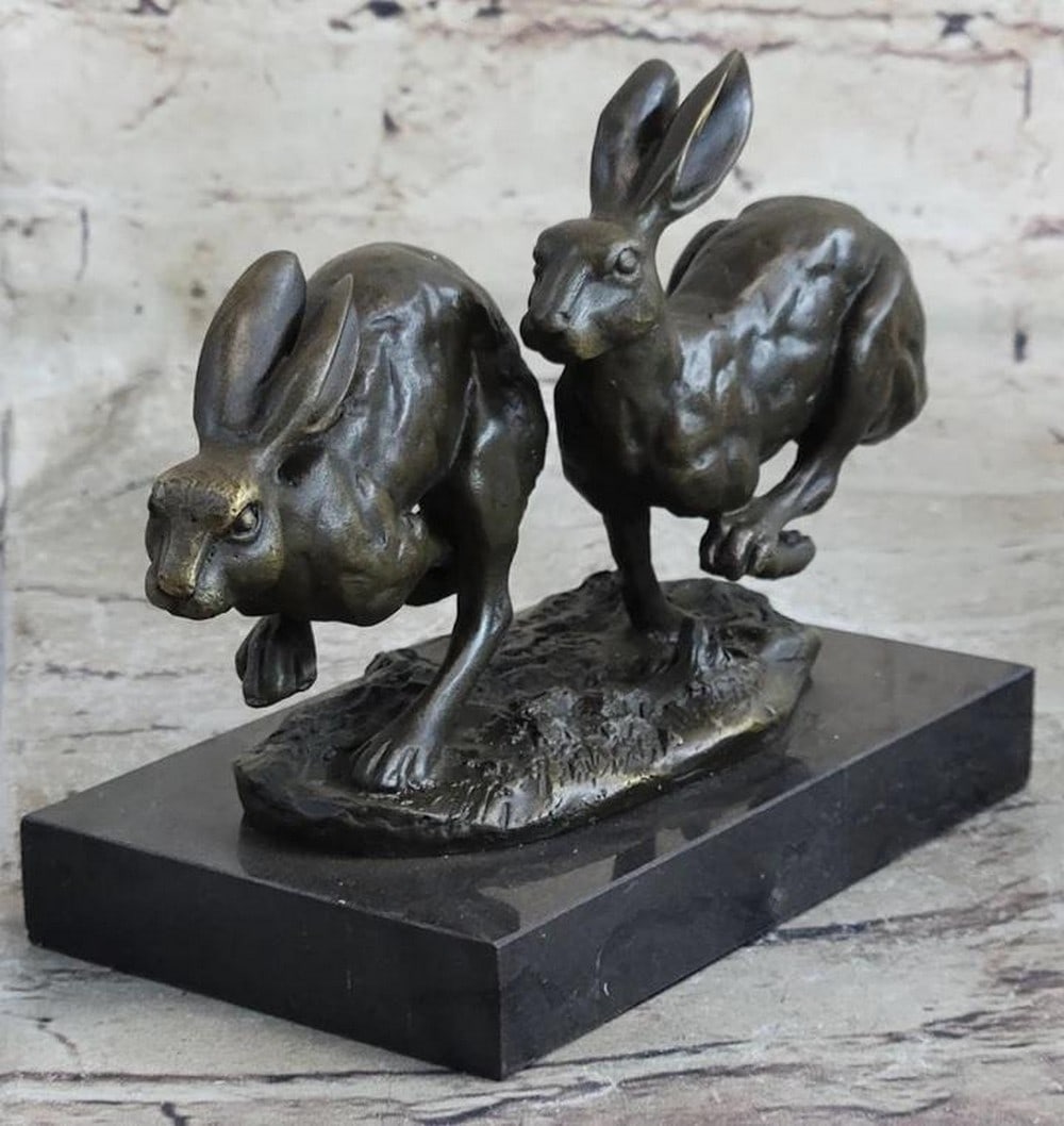 Harmony in Motion A Couple of Playful Hares on a Mission Original Bronze Sculpture - 4" x 6": Harmony in Motion A Couple of Playful Hares on a Mission Original Bronze Sculpture - 4" x 6" Discover the allure of our captivating bronze sculpture, an exquisite portrayal that beautifully en