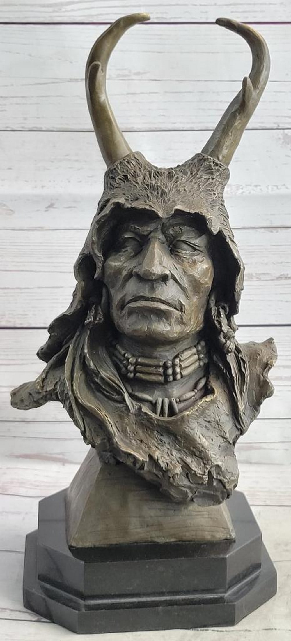 Signed Original Shaman In Antler Headdress Bronze Sculpture - 17" x 9" (1 of 9)