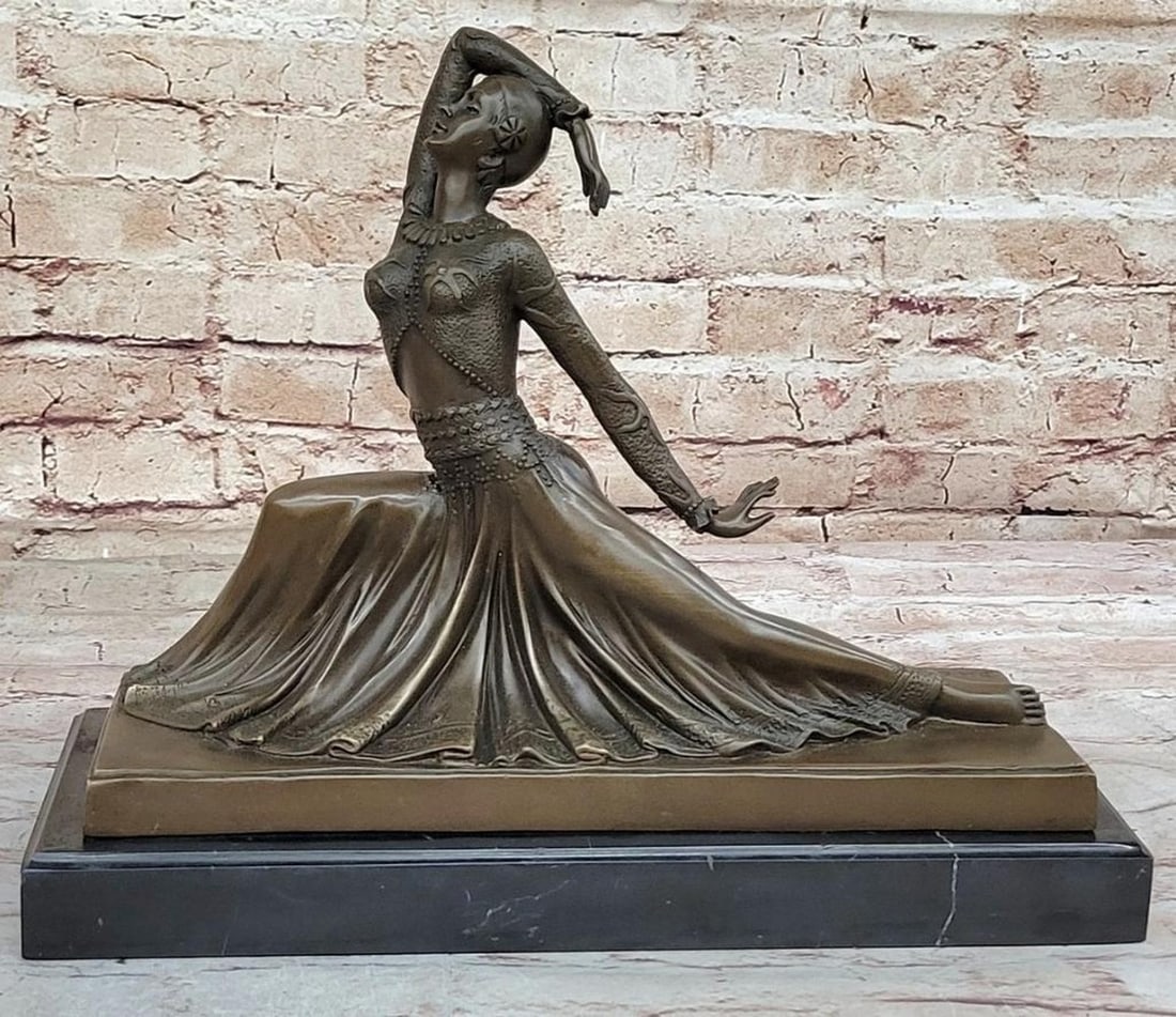 Dancer in a Long Skirt" Signed Bronze Sculpture Inspired by Chiparus - 12" x 4.5: "Dancer in a Long Skirt" Signed Bronze Sculpture Inspired by Chiparus - 12" x 4.5" Indulge in the timeless elegance of the "Dancer in a Long Skirt," an exquisite bronze sculpt
