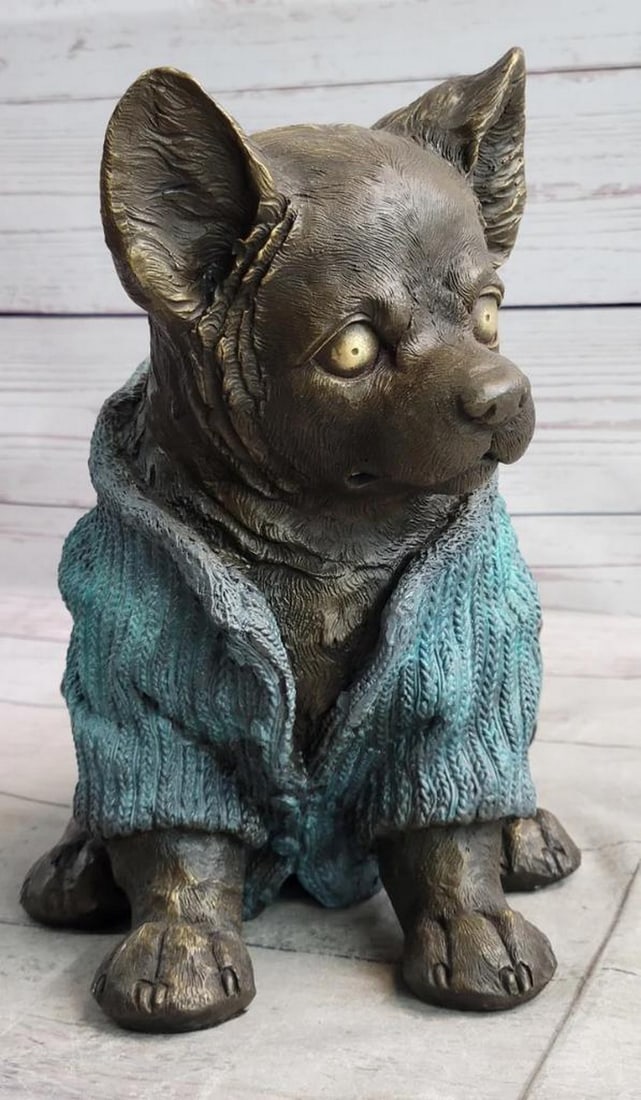 Charming Chihuahua in Hoodie - Original Bronze Sculpture Signed by Williams - 9" x 8": Charming Chihuahua in Hoodie - Original Bronze Sculpture Signed by Williams - 9" x 8" Explore the adorable world of man's best friend with this delightful bronze sculpture by the skilled
