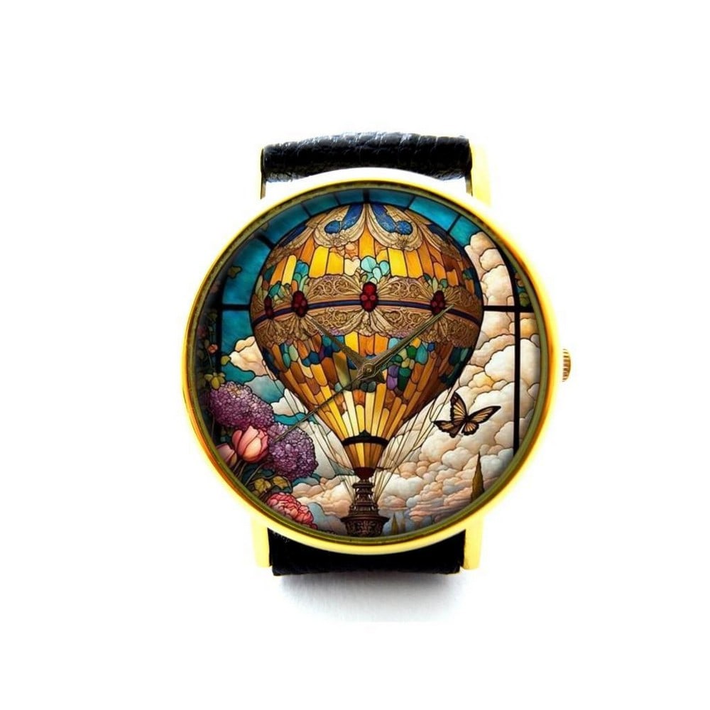 Unique Watch With Hot Air Balloons on Dial and Genuine Leather Band (1 of 2)