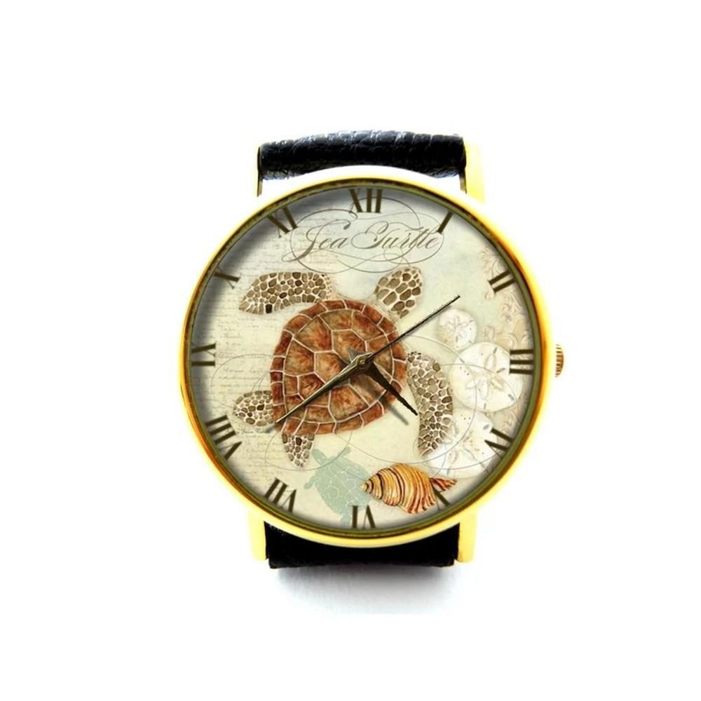 Unique Watch With Vintage Sea Turtle on Dial and Genuine Leather Band (1 of 2)