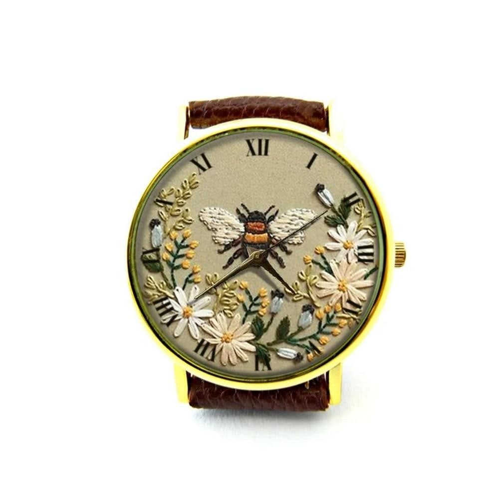 Unique Watch With Honey Bee Embroidered Effect Print on Dial and Genuine Leather Band (1 of 2)