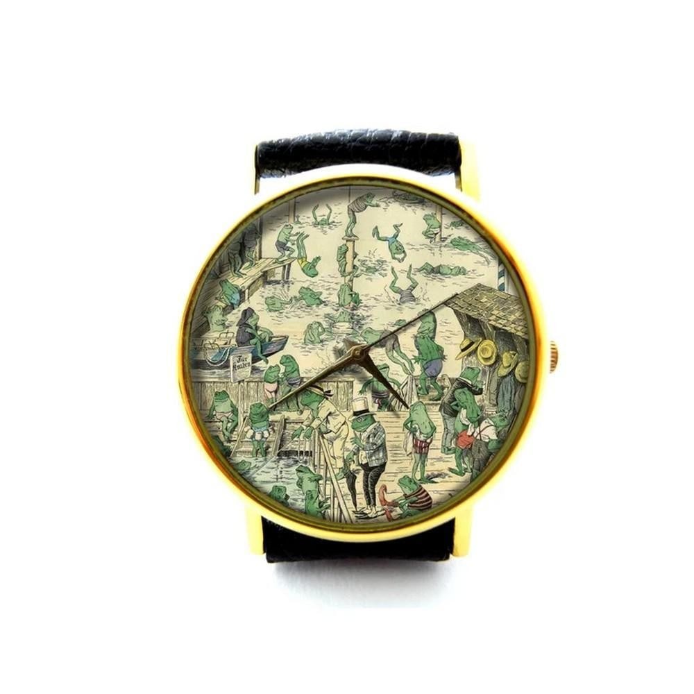 Unique Watch With Swimming Frogs on Dial and Genuine Leather Band (1 of 2)
