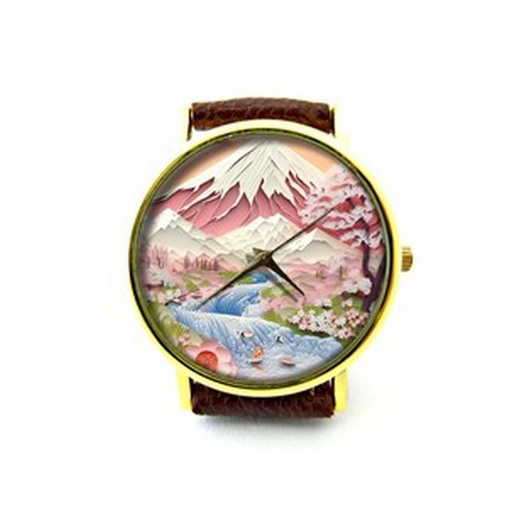 Unique Watch With Mt. Fuji and Japanese Cherry Tree on Dial and Genuine Leather Band: Unique Watch With Mt. Fuji and Japanese Cherry Tree on Dial and Genuine Leather Band Elevate your style with our Unique Watch featuring a mesmerizing dial adorned with the majestic silhouette of Mt. F