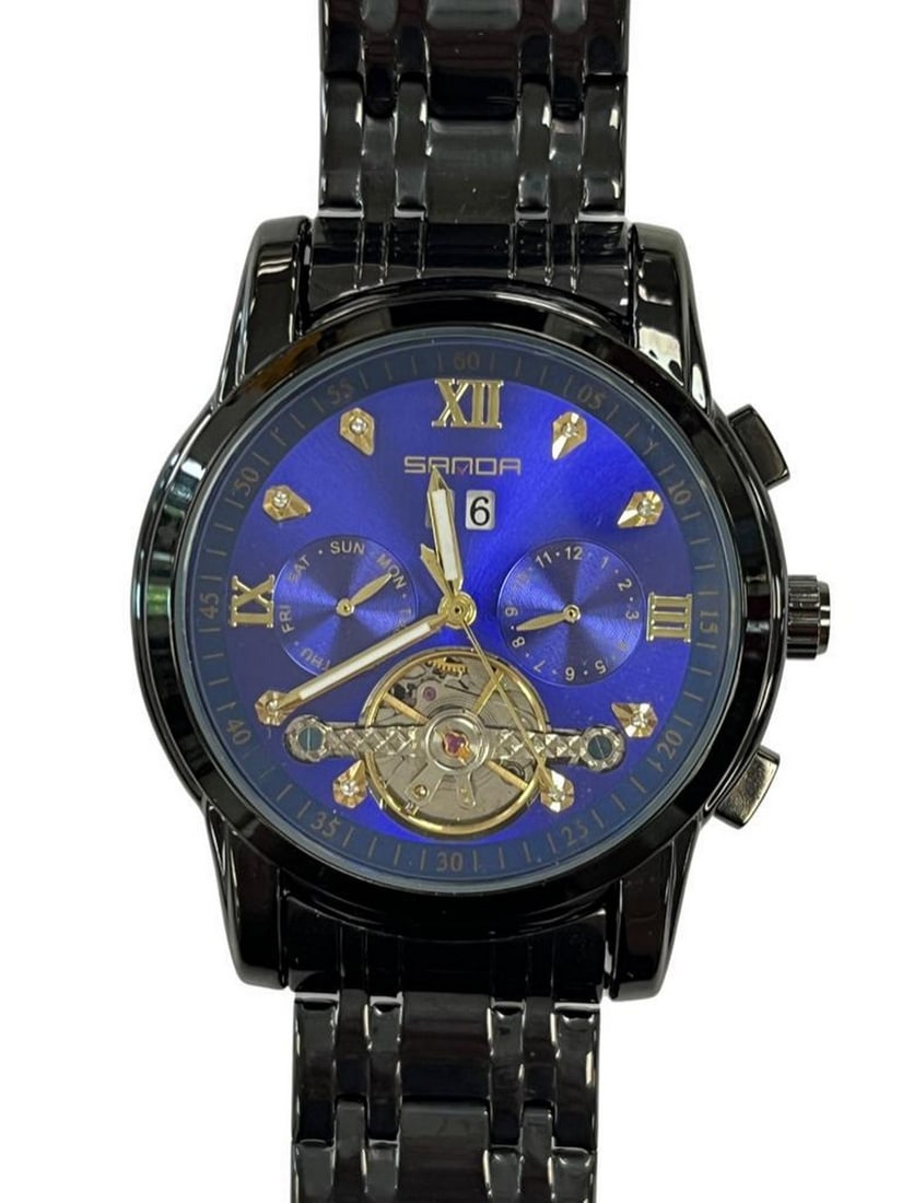 Mens Timeless Black Stainless Steel Automatic Calendar Watch With Blue Dial (1 of 2)