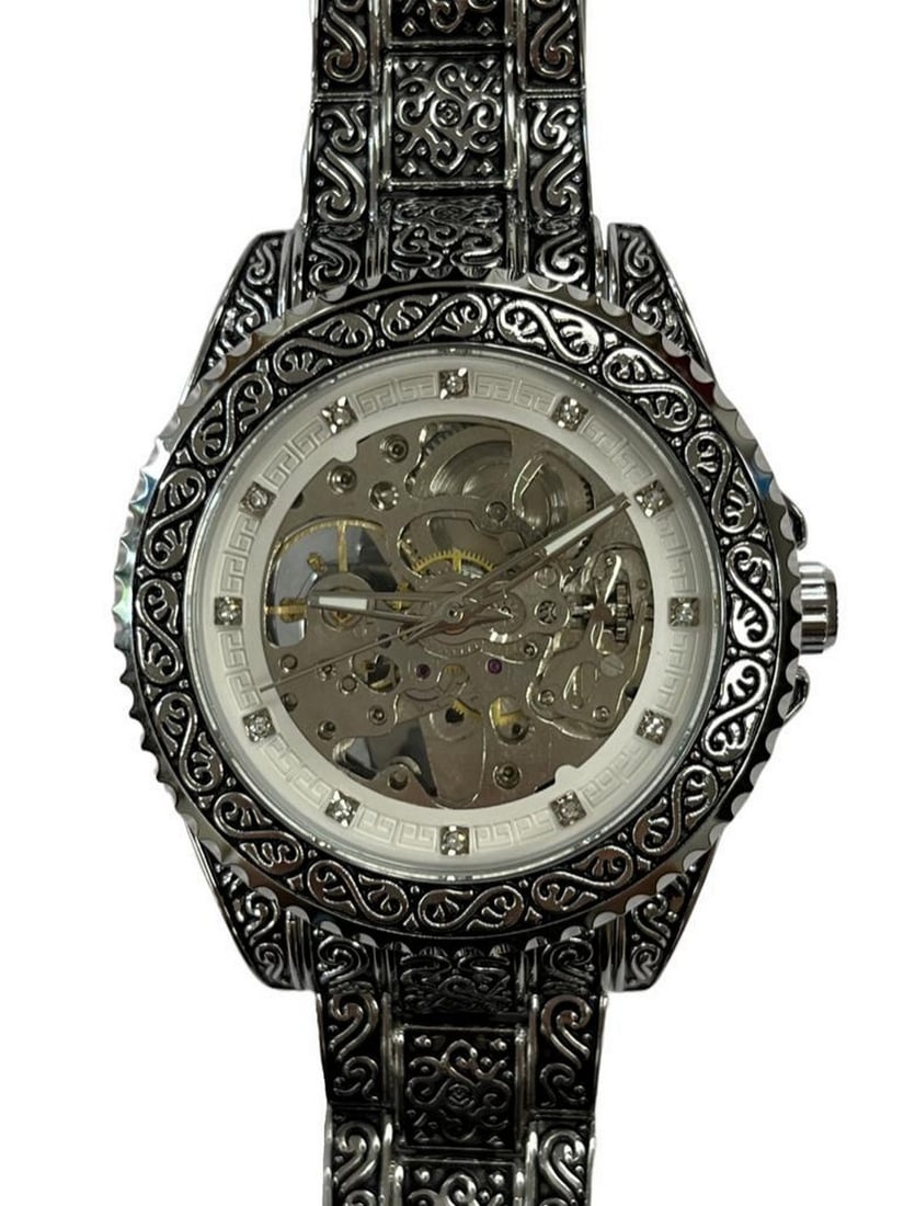 Mens Stainless Steel Automatic Skeleton Watch With Mosaic Design (1 of 2)