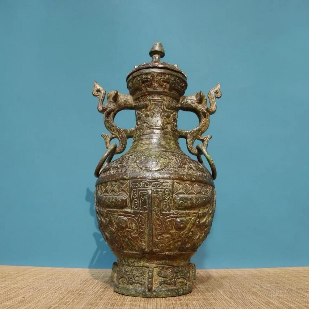 Chinese Handmade Bronze Inscribed Beast-Faced Double Dragon Bottle Statue (1 of 8)