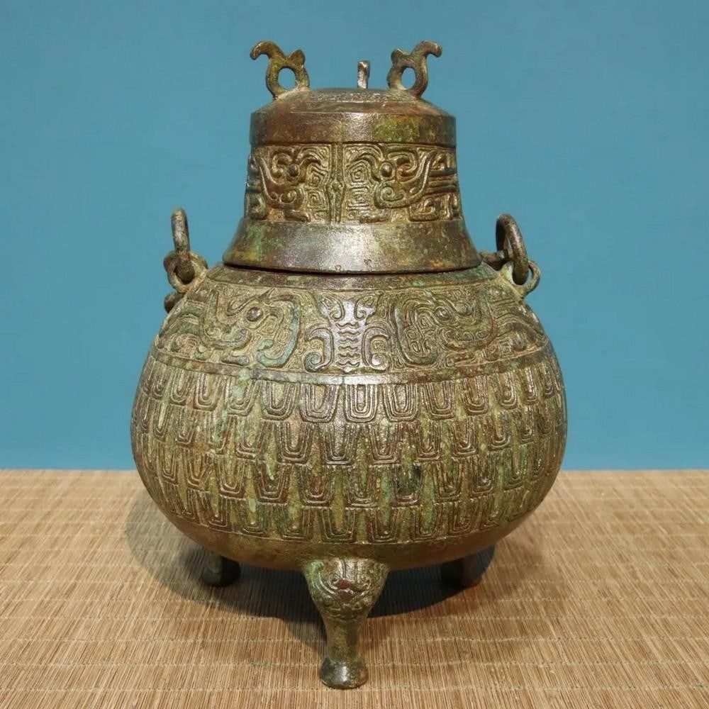 Antique Chinese Bronze Inscribed Chain-Handle Jar Ornament (1 of 8)