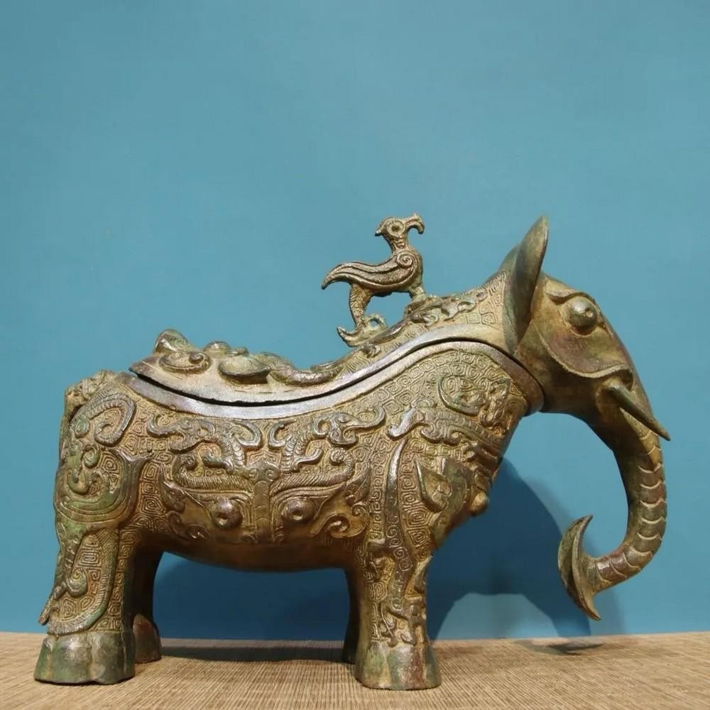 Antique Chinese Bronze Inscribed Elephant Gong Statue Ornament (1 of 7)