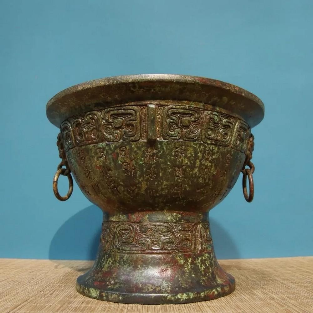 Antique Chinese Bronze Inscribed High-Footed Bowl Statue Ornament (1 of 8)