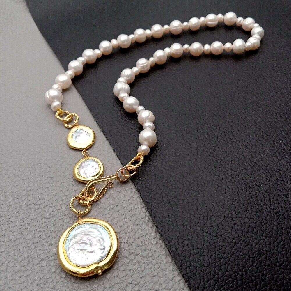 Handmade Cultured White Potato Pearl Coin Necklace: Handmade Cultured White Potato Pearl Coin Necklace Discover timeless elegance with this Handmade Cultured White Potato Pearl Coin Necklace. Featuring lustrous white potato pearls and distinctive coin