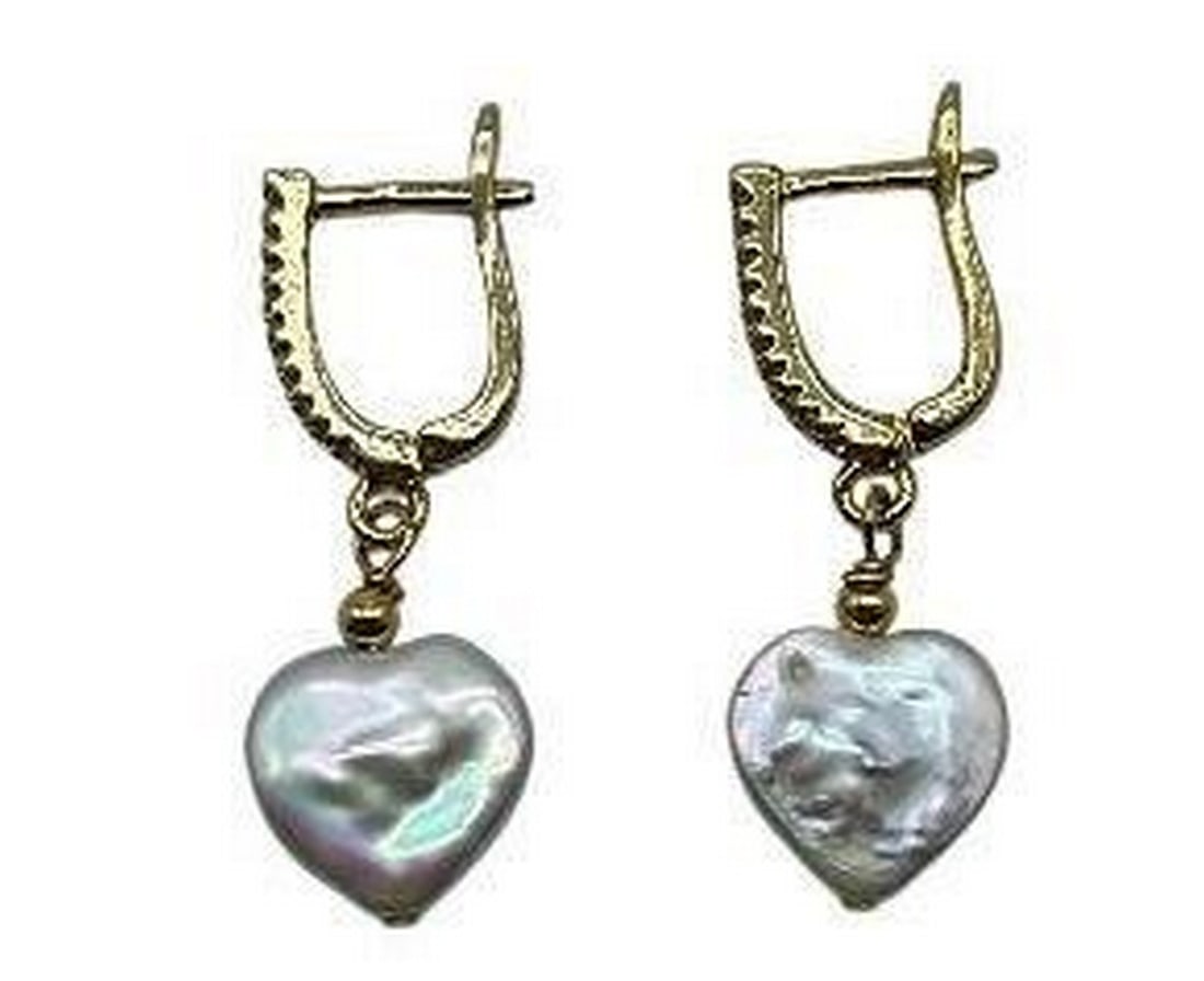 White Heart Shaped Freshwater Pearl Dangle Earrings: White Heart Shaped Freshwater Pearl Dangle Earrings These beautiful English lock dangle earrings have a row of stunning rhinestones on the front. Below that is a heart shaped pearl which symbolizes p