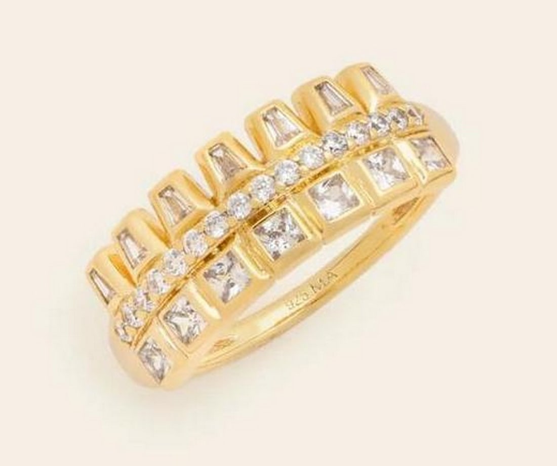 Radiant Cascade Ring – Gold Vermeil: Radiant Cascade Ring – Gold Vermeil Bold and versatile, the Radiant Cascade ring features three rows of intricately cut CZ stones for a textured, sparkling look. Crafted in 14k gold vermeil, it can