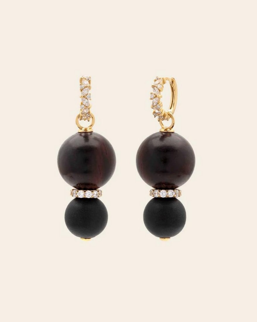 Twist & Spark Huggie Earrings: Twist & Spark Huggie Earrings Not your average drops, these huggies combine sparkling pavé CZ stones with stacked medium and dark wood beads for a textured, contemporary look. Crafted in 14k