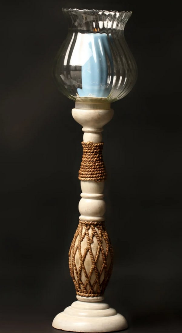 20" Wood and Iron Rope Design Glass Candle Stand – Home Decor: 20" Wood and Iron Rope Design Glass Candle Stand – Home Decor Candle stand made from wood and iron with a central glass hurricane cover. The design features a smooth wooden base wrapped with a
