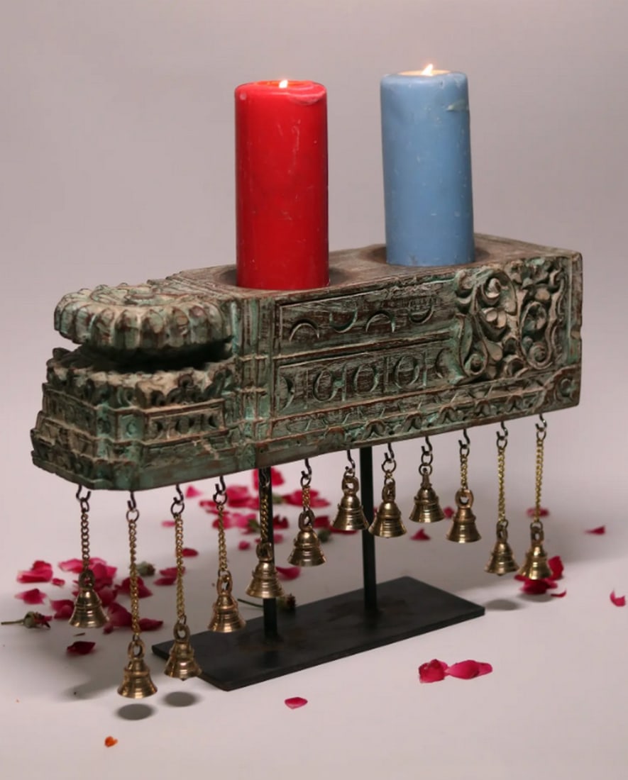 17" Vintage-Style Wood and Brass Candle Holder with Dangling Ghungroos (1 of 8)