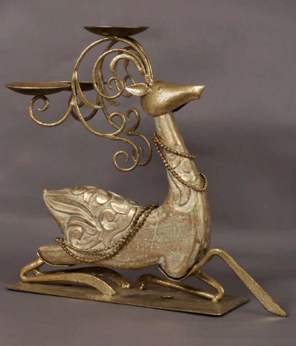 15" Abstract Reindeer Candle Stand – Handcrafted Wood & Iron Decor (1 of 6)